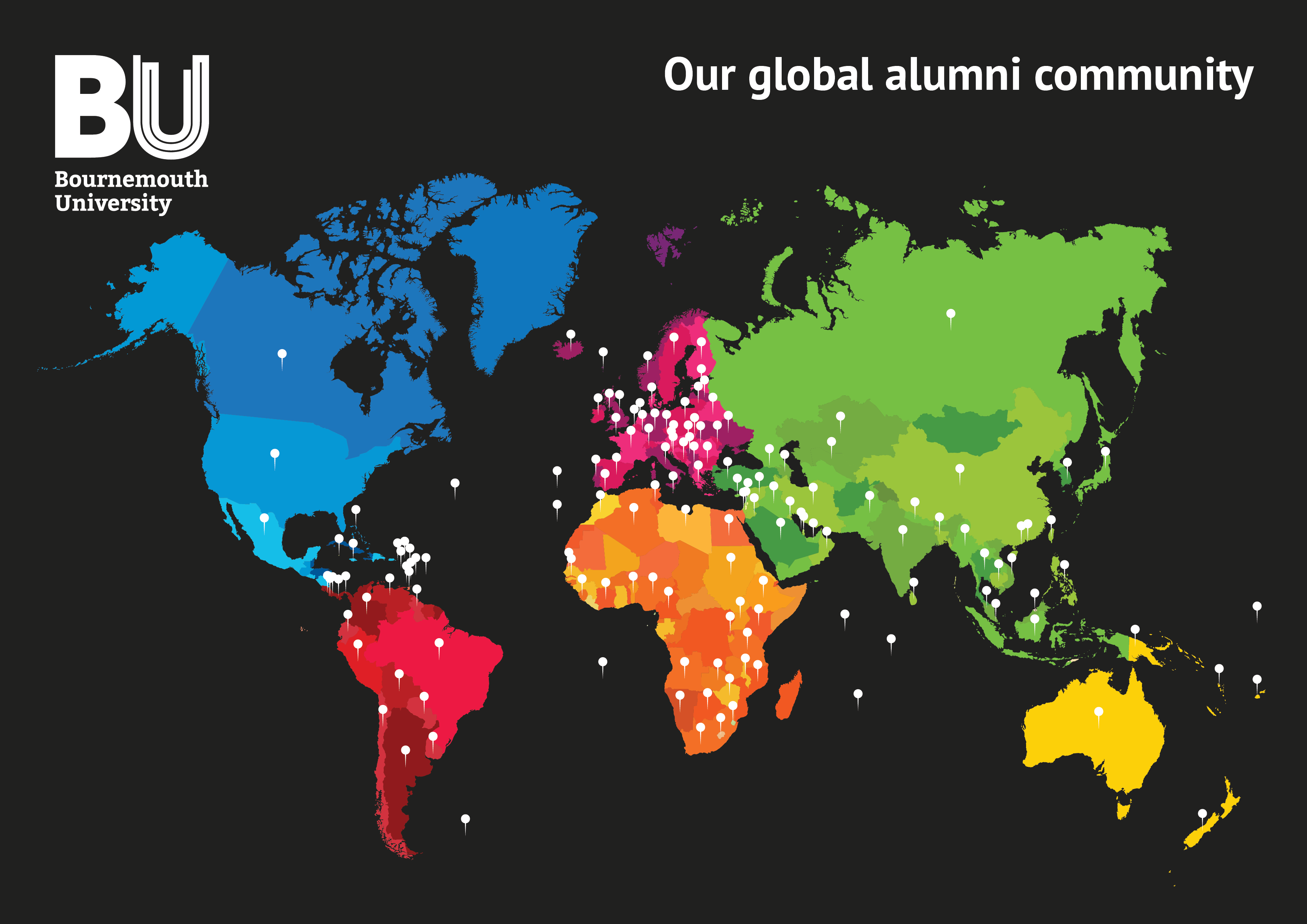 A map showing where BU's global community of alumni live